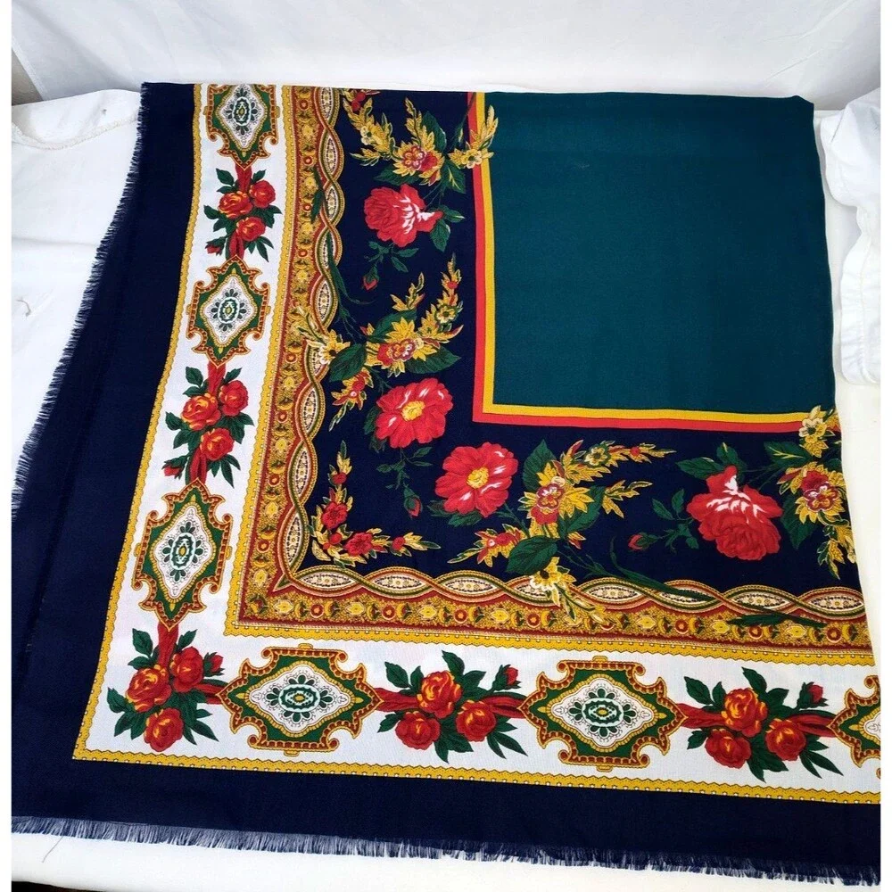VTG Elaine Gold  Italy Scarf Shawl Blue Burgundy Green Floral Paisley 45”x45